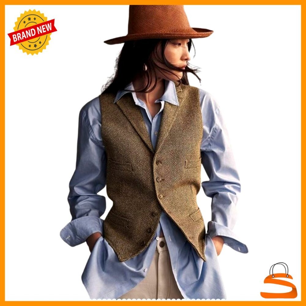 Herringbone Tweed Waistcoat Lapel Sleeveless Blazer Vest Office Work Chic